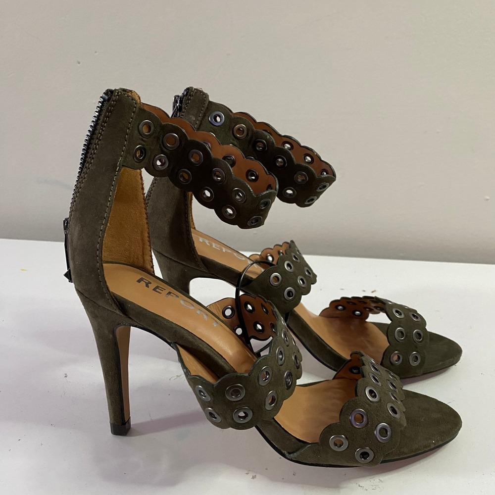 Report Apollo Sandals Womens 6 Olive‎ Green Grommet Scalloped Heel